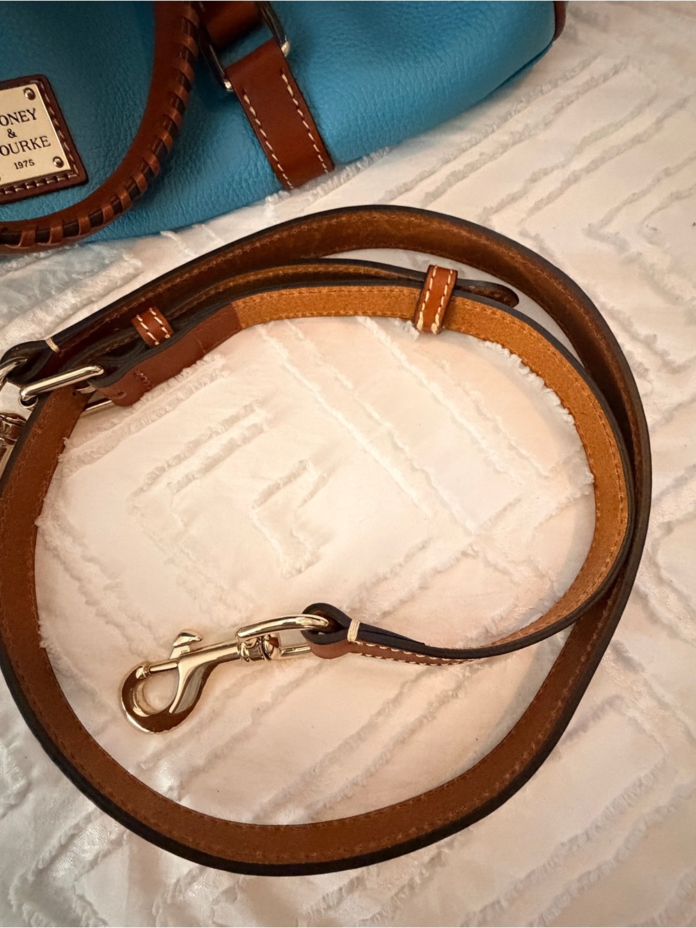 Dooney & Bourke Pebble Leather Large Satchel Sky Blue Brown Tassel Shoulder Bag - Picture 15 of 15